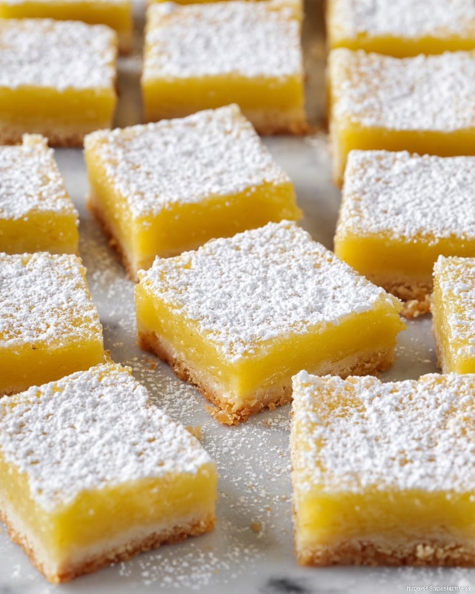 The image shows many square lemon bars placed closely together on a white marbled surface covered with foil. Each bar has two layers: a golden-brown crust at the bottom and a thick, bright yellow lemon filling on top. The lemon layer is smooth and dense, and the top of each bar is sprinkled heavily with white powdered sugar, creating a soft, powdery texture. The bars are neatly cut with clean edges, and the foil under them has slight creases and reflections. photo taken with an iphone --ar 4:5 --v 7