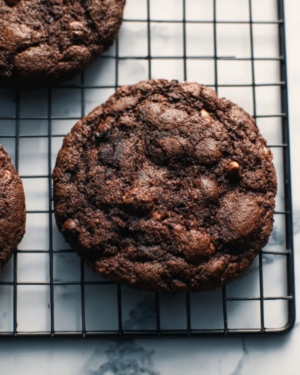 The image shows one large round dark brown cookie with a rough, textured surface placed on a black wire cooling rack. The cookie's surface has an uneven mix of slightly lighter and darker brown spots, indicating chunks or chips inside. The wire rack is on a white marbled surface, and a part of another cookie is visible on the left side of the frame. The lighting is soft and natural, highlighting the cookie's rough texture. Photo taken with an iphone --ar 4:5 --v 7