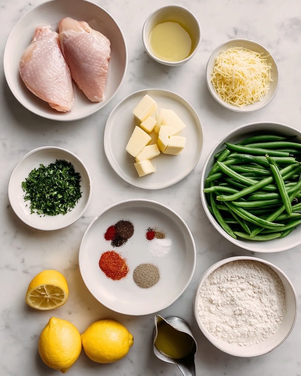 The image shows 10 small white bowls and plates arranged on a white marbled texture surface, each holding different ingredients. There are two pieces of raw light pink chicken on top left in a white bowl, below that a small white plate with pale yellow butter cubes, and to the right of it a white bowl with fine yellow grated cheese. To the right of the chicken is a small white bowl with chopped fresh green herbs. Below it, a white bowl holds four powders and spices: black pepper, salt, red paprika, and a light beige powder. To the far right, a larger white bowl is filled with fresh green cut green beans. Near the bottom left corner, a bowl contains yellow lemon slices, with two whole lemons placed beside it. Finally, at the bottom right, there is a small metal pitcher with a golden liquid inside, and next to it is a white bowl of white flour. Photo taken with an iphone --ar 4:5 --v 7