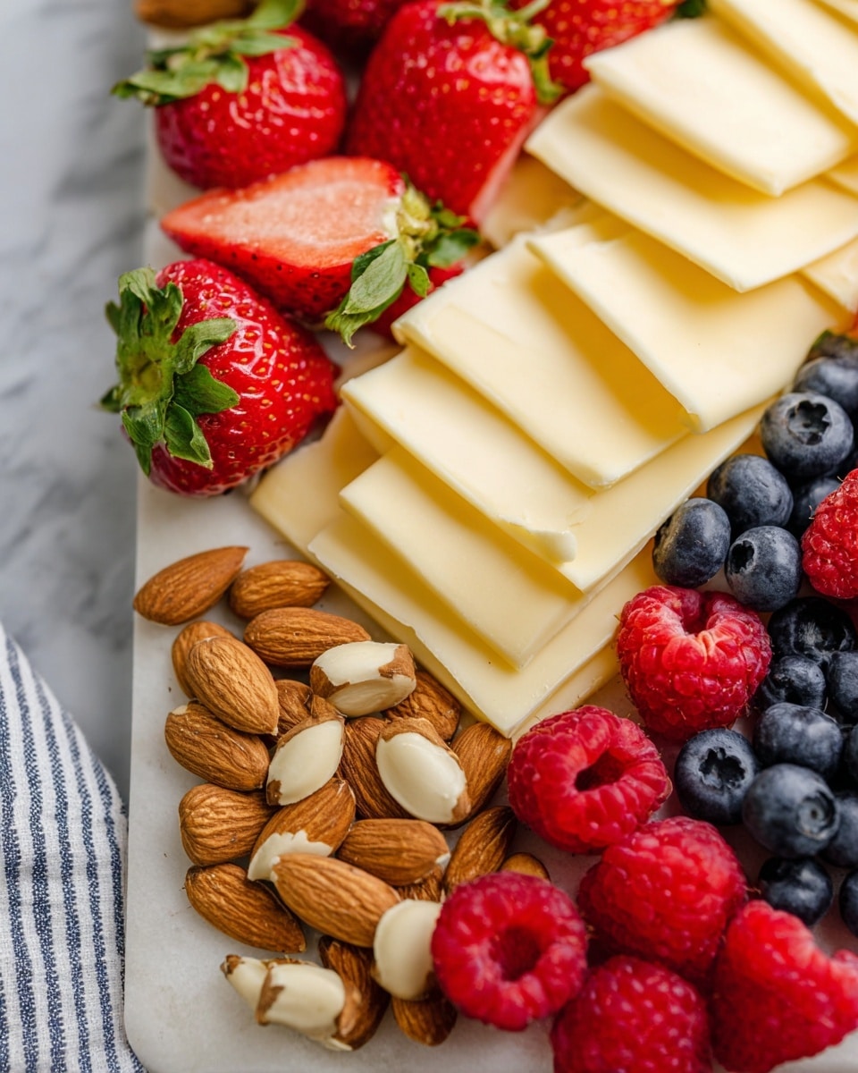 A close-up view of a white board showing three main layers: the bottom layer is light brown whole almonds spread in a cluster along the edge; above that, thin, smooth pale yellow cheese slices are loosely stacked, overlapping each other in the middle; on top and next to the cheese are bright red strawberries, some whole with green leaves and one sliced in half showing a juicy red inside. Mixed among the strawberries are dark blue blueberries and small red raspberries, adding vibrant colors and soft textures. The background is a white marbled texture with part of a striped cloth visible at the bottom left corner. photo taken with an iphone --ar 4:5 --v 7