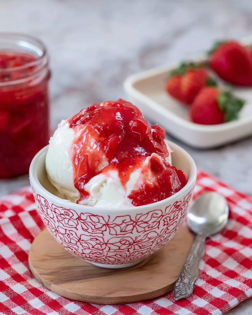 This image shows two layers in a small white bowl with red geometric patterns on the outside. The bottom layer is creamy white ice cream with a soft texture, filling most of the bowl. The top layer is bright red strawberry sauce with visible strawberry chunks, covering the ice cream unevenly and slightly dripping down the sides. The bowl is placed on a light wooden board, which sits on a red and white checkered cloth, all resting on a white marbled surface. A silver spoon lies next to the bowl on the wooden board. In the background, there is a blurred white tray with two whole strawberries and a glass jar of the same red strawberry sauce. Photo taken with an iphone --ar 4:5 --v 7