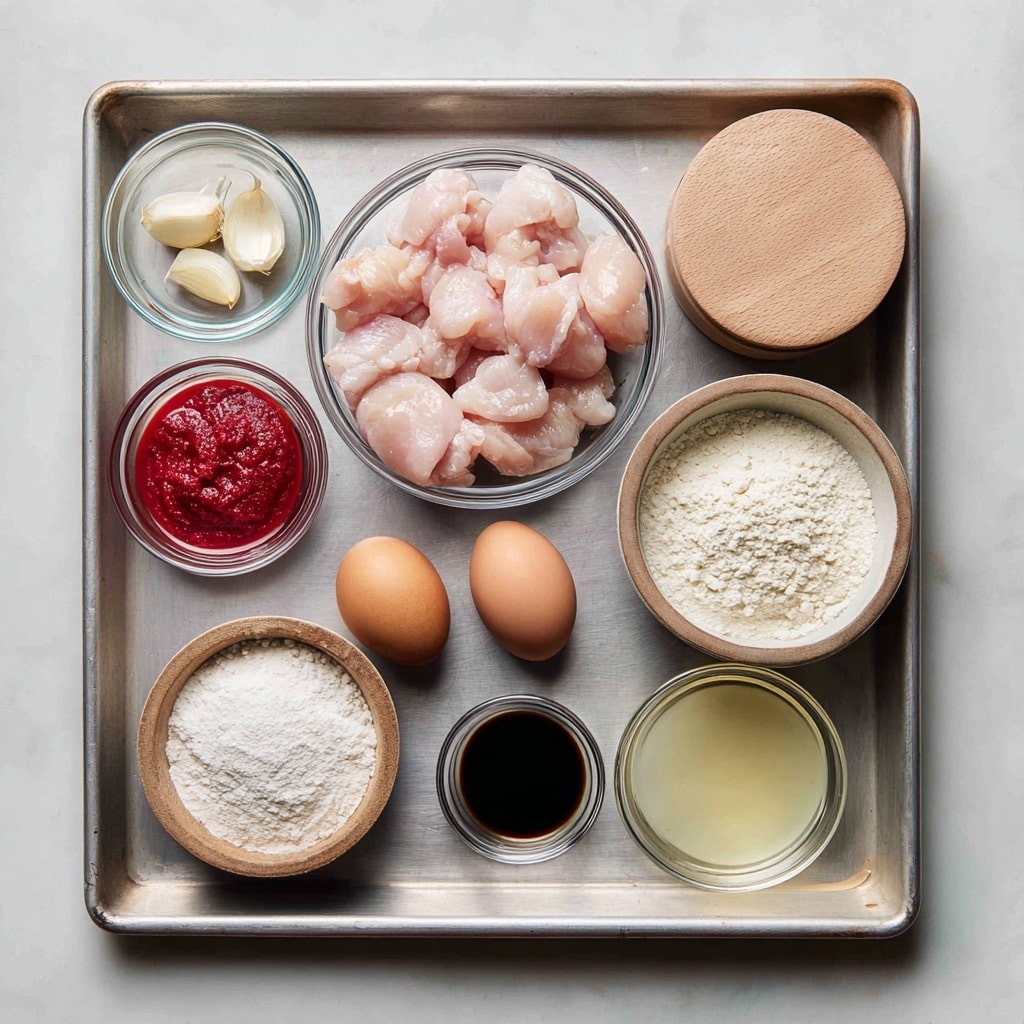 A top view of a metal tray holding several small glass bowls and containers with cooking ingredients arranged neatly. Starting from the left, there is a bowl with three garlic cloves, below it a bowl with bright red paste, next a larger bowl filled with pale pink uncooked chicken pieces. In the middle row, from left to right, are a small bowl with light seasoning, a large bowl filled with white granulated substance, and a large bowl with white flour. On the right side, two wooden lids labeled