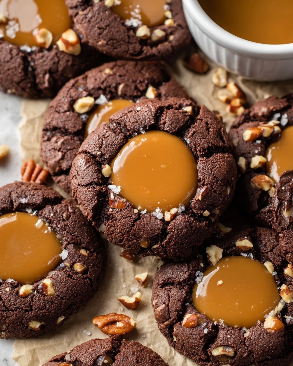 A close-up view of several dark brown, cracked chocolate cookies with chopped nuts mixed inside and around them. Each cookie has a shiny, smooth, caramel-colored round layer of sauce or topping in the centre, contrasting with the rough texture of the cookies. The cookies are placed closely together on a light brown textured paper, with scattered nuts and a white bowl partially visible on the side, all set on a white marbled surface. photo taken with an iphone --ar 4:5 --v 7