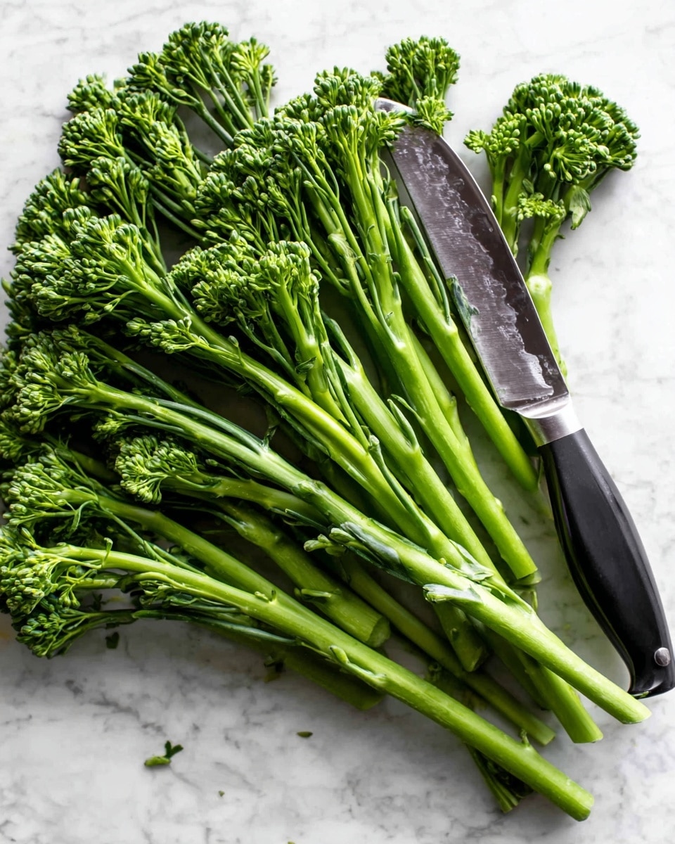 A bunch of fresh, bright green broccolini is spread out on a white marbled surface. The broccolini has long, firm stems with small, tight green florets on top. Among the broccolini, a sharp kitchen knife with a black handle lies diagonally, its blade shiny and reflective. The scene focuses closely on the broccolini’s texture and vibrant green color, creating a fresh and natural look. photo taken with an iphone --ar 4:5 --v 7