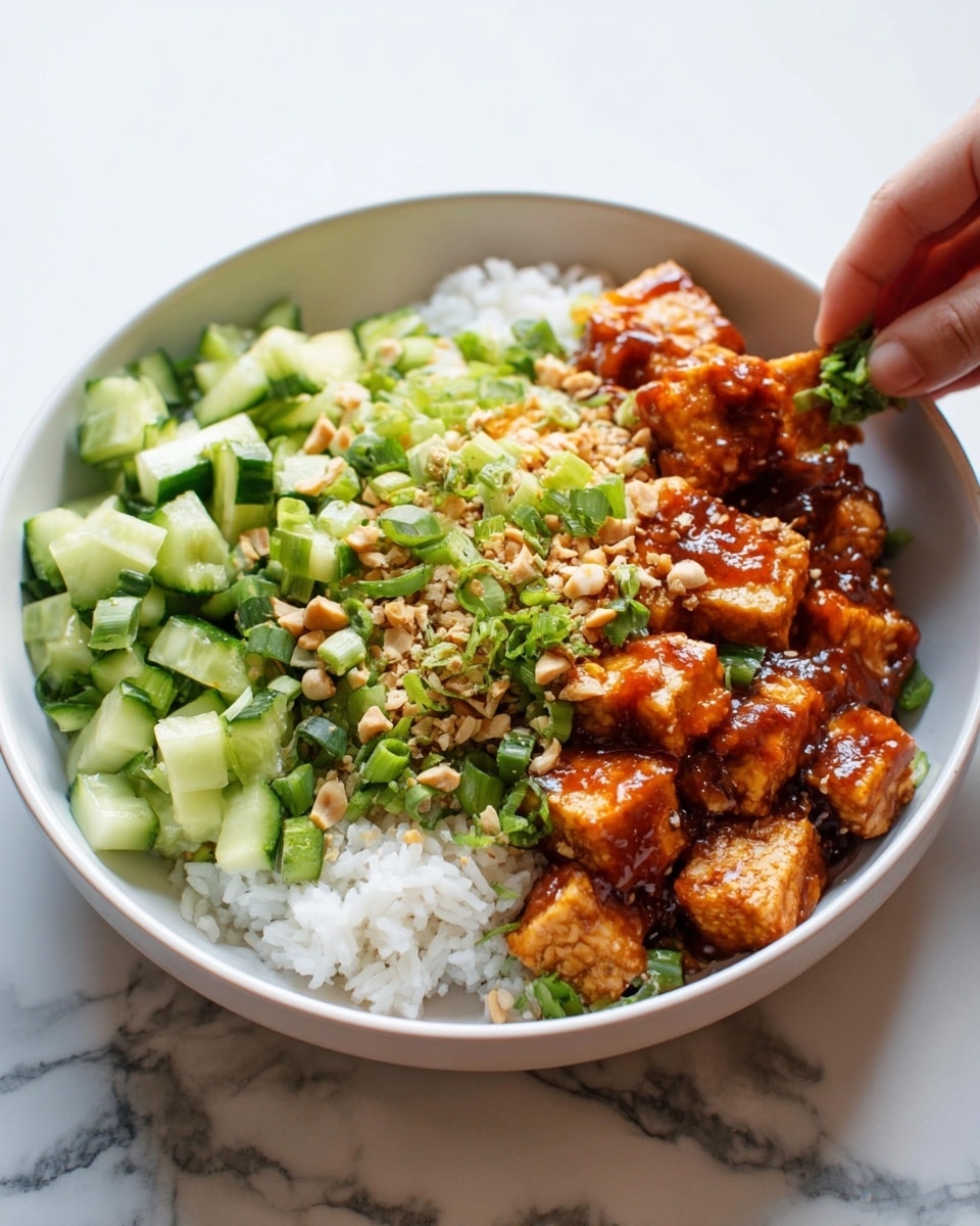 A white bowl holds a layered dish beginning with a base of fluffy white rice. On the left side, there is a fresh layer of small diced green cucumbers mixed with chopped green onions. The center and right side show several pieces of golden brown fried tofu covered in a thick reddish-brown sauce. The tofu pieces have a slightly crispy texture visible under the sauce. On top, crushed peanuts and more green onions are sprinkled for garnish, with a woman's hand adding a small green garnish at the upper right. The bowl sits on a white marbled surface. photo taken with an iphone --ar 4:5 --v 7