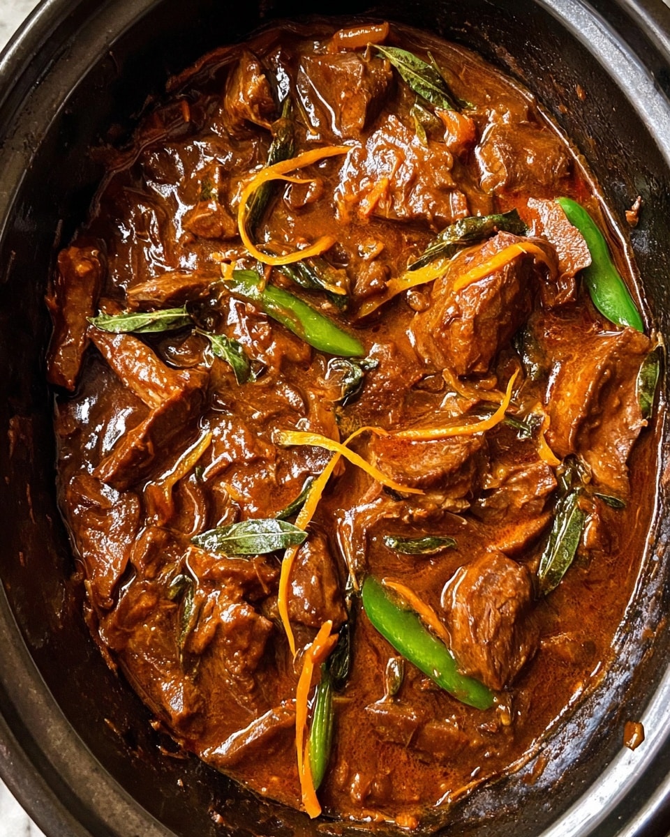 A close-up of a thick brown stew in a black pot, filled with tender slices of meat and scattered thin orange carrot strips, mixed with bright green pieces of cooked vegetables, all covered in a rich, glossy sauce. The stew has a textured surface with chunks and strands blending in the sauce, giving it a hearty look. The background is a white marbled texture photo taken with an iphone --ar 4:5 --v 7