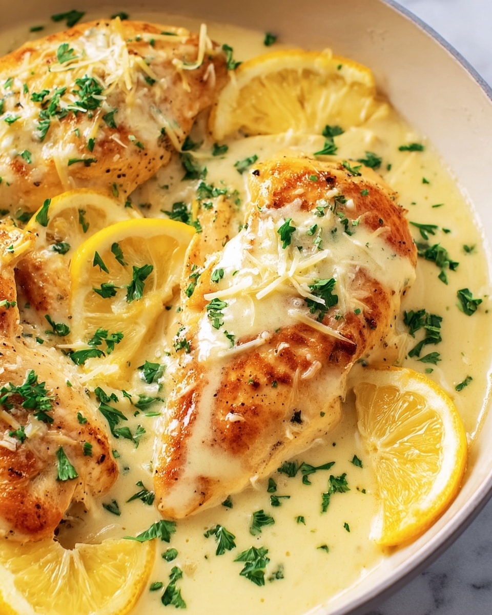 The image shows three pieces of golden brown cooked chicken on a layer of creamy, pale yellow sauce in a white dish. On top of the chicken, there is a light drizzle of the same sauce with small bits of grated cheese and fresh green parsley sprinkled over it. Around the chicken, there are bright yellow lemon wedges placed on the creamy sauce, adding a pop of color. The white marbled surface is just visible around the edges of the dish. photo taken with an iphone --ar 4:5 --v 7