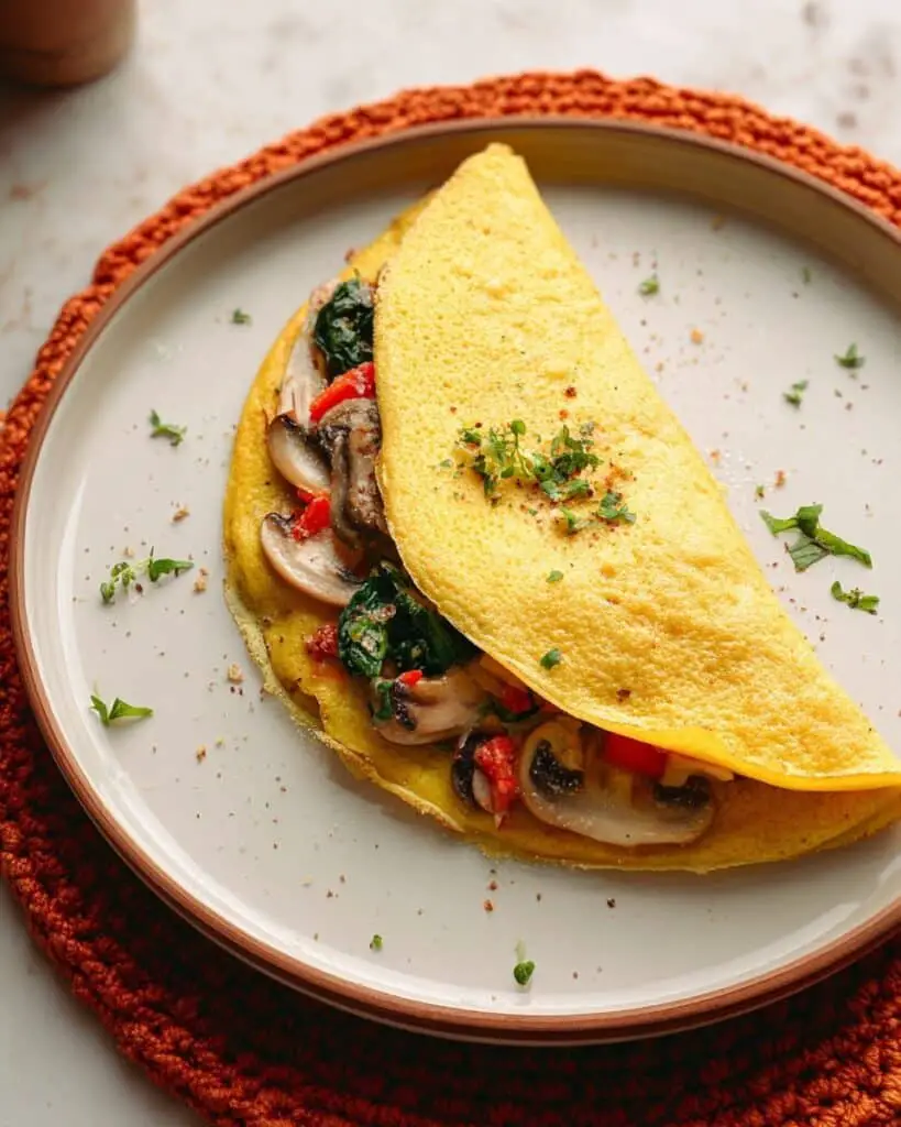 Chickpea Omelette with Sautéed Vegetables, Avocado, and Tempeh Bacon Recipe