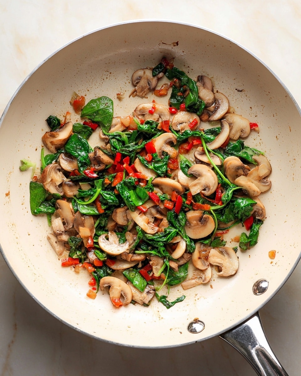 A close-up top view of a white pan with cooked mushrooms, chopped red bell peppers, and wilted green spinach scattered inside. The mushrooms are light brown with a soft texture, the red bell peppers add small bright red pieces, and the spinach leaves are dark green and slightly glossy. The pan rests on a surface with a white marbled texture and has a shiny metallic handle visible at the bottom right. The ingredients fill the pan unevenly in a loose circular shape, leaving some empty space inside. Photo taken with an iphone --ar 4:5 --v 7