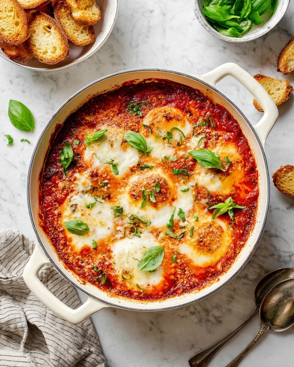 A white pan with two handles holds a baked dish with six round layers of golden brown, melted cheese on top. Beneath the cheese, a rich red tomato sauce peeks through around the edges, while fresh green basil leaves are scattered on top, adding bright green spots. The pan sits on a white marbled surface, with a white bowl of toasted bread slices to the upper left, a small bowl of fresh basil to the upper right, and scattered basil leaves and a metal spoon nearby. The scene is bright and inviting, with warm tones in the food contrasting the cool white and green background elements. Photo taken with an iphone --ar 4:5 --v 7