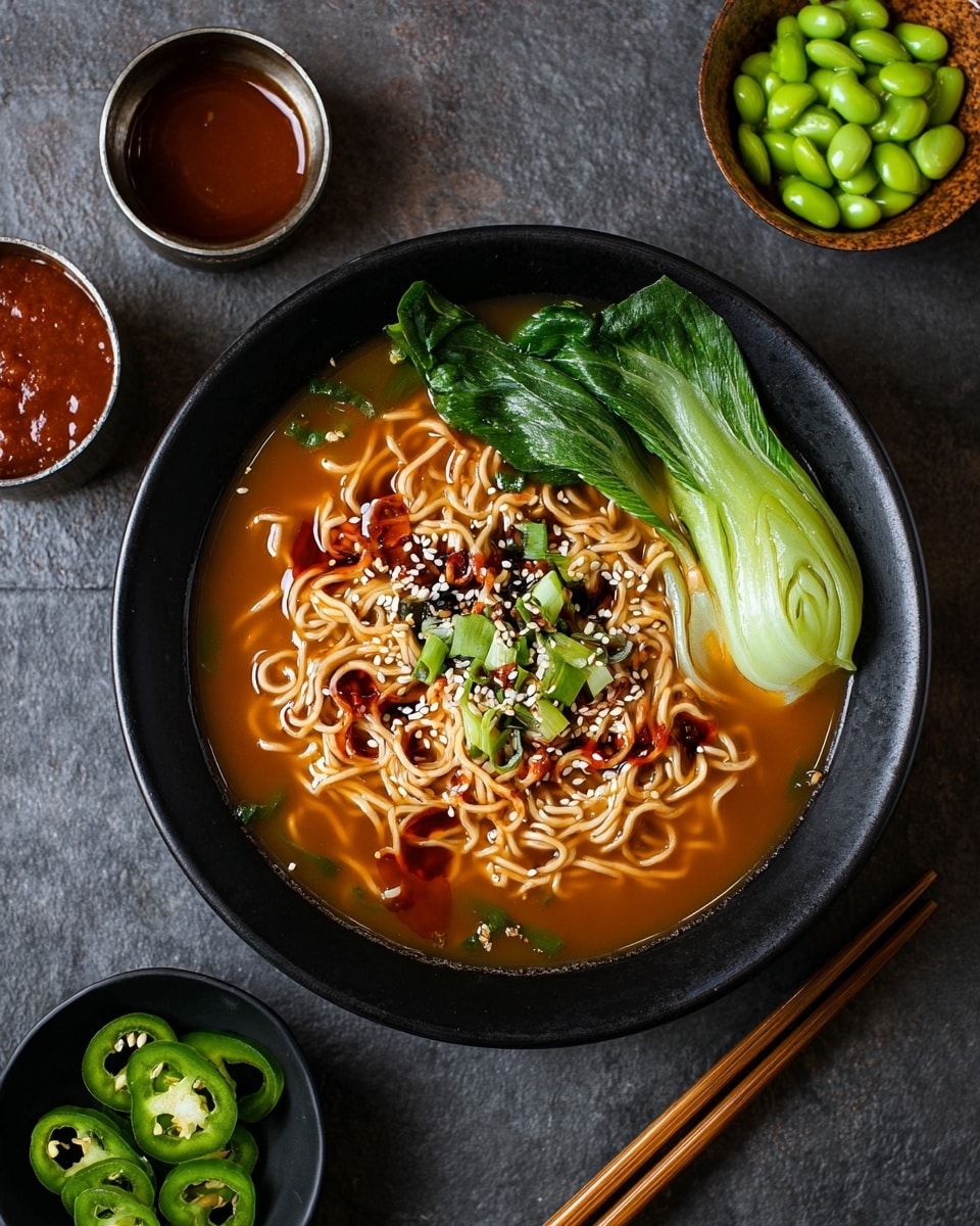 A black bowl holds a serving of orange broth with thin, tangled noodles floating in the center. The noodles are topped with white sesame seeds and specks of red chili flakes, and some red sauce is drizzled over them. On the right side of the bowl, two bright green bok choy leaves rest partly in the broth. Around the bowl, on a dark grey surface, are small dishes: sliced jalapeños in a black dish at the bottom left, green edamame beans in a black dish at the top right, fresh green herbs in a small wooden bowl above the edamame, and a small metal bowl with reddish sauce behind the black bowl. Light brown wooden chopsticks lie below the bowl. photo taken with an iphone --ar 4:5 --v 7