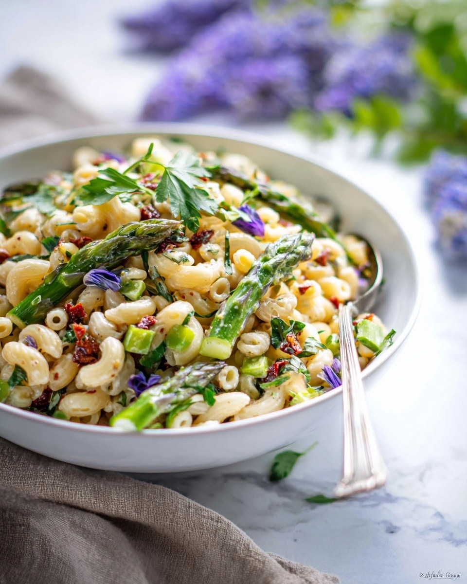 A bowl of pasta salad is shown with three layers: the bottom layer is a mix of small elbow macaroni, the middle layer has chopped green asparagus pieces with visible tips, and the top layer is garnished with whole asparagus tips, green parsley leaves, and small purple flower petals scattered throughout. The pasta and vegetables are mixed with small bits of red sun-dried tomatoes and herbs, creating a colorful texture blending white, green, and reddish hues. A silver fork sits in the side of the white bowl, which rests on a white marbled surface with a blurred background showing purple flowers and a soft light setting. Photo taken with an iphone --ar 4:5 --v 7
