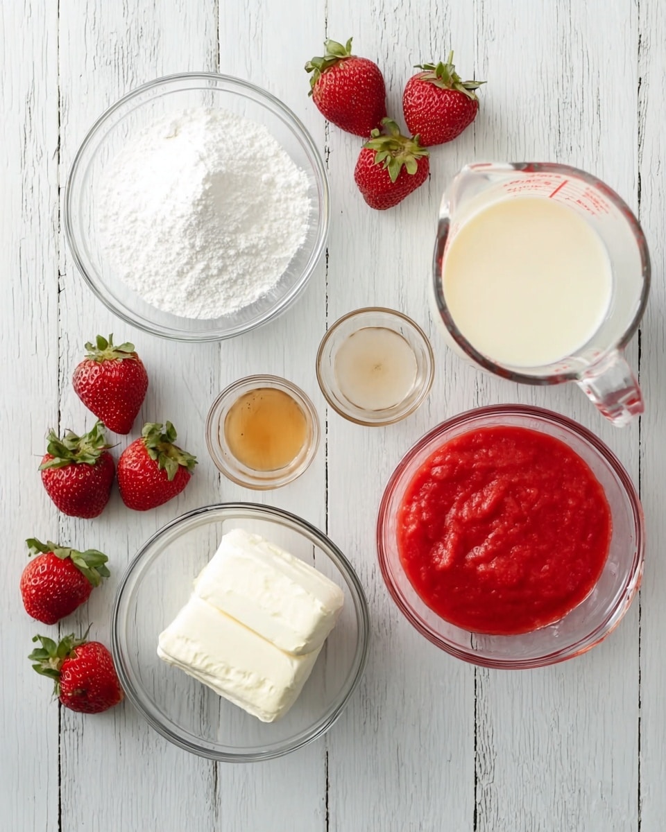 A top view shows a flat white wooden surface with six fresh red strawberries scattered around five clear glass containers, each filled with different ingredients. Starting from the top left, there is a small bowl filled with white powdered sugar, followed to the top right by a tall glass measuring cup holding a creamy off-white liquid, likely cream. In the center, a tiny round bowl has a light brown liquid, probably vanilla extract. Below it, a medium bowl contains a white creamy block, likely cream cheese. To the bottom right, a small bowl with bright red strawberry puree completes the set, all arranged neatly with the strawberries adding a fresh pop of red color. photo taken with an iphone --ar 4:5 --v 7