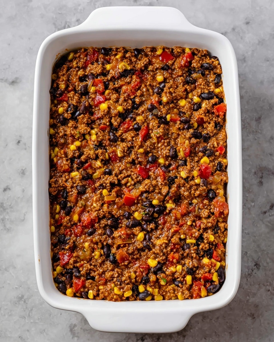 A white rectangular dish is filled with one visible layer of mixed ingredients including small yellow corn kernels, black beans, ground meat browned in sauce, diced red tomatoes, and small pieces of cooked onion, all evenly spread and combined to cover the entire surface. The colors are warm and earthy with yellow, black, red, and brown tones blending uniformly. The dish sits on a white marbled surface. photo taken with an iphone --ar 4:5 --v 7