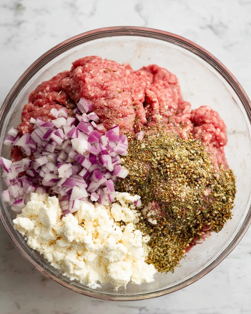 A clear glass bowl sits on a white marbled surface, filled with four distinct layers of ingredients. The bottom layer is raw ground meat, rich pink and soft in texture, forming the largest portion of the bowl. On the right side, there is a thick layer of mixed dry spices, rough and coarse with various shades of green, brown, and yellow. Just below the spices is a layer of finely chopped purple onions, small and fresh with a sharp contrast of white and purple cubes. The bottom layer near the front is soft white cheese, crumbly and uneven in texture, filling the space with a creamy appearance. photo taken with an iphone --ar 4:5 --v 7
