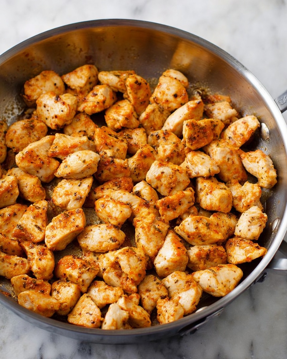 The image shows a stainless steel pan filled with many pieces of cooked chicken. The chicken pieces are golden brown with some darker spots of seasoning, giving a crispy look. Each piece is small and irregular in shape, evenly spread out in the pan with a bit of space between them. The pan has a shiny, smooth surface with a few small reflections of light. The background is a white marbled texture. photo taken with an iphone --ar 4:5 --v 7