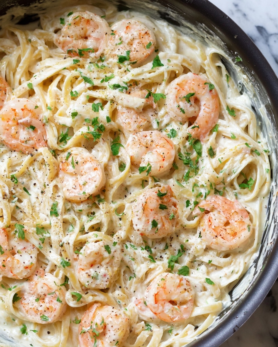 This image shows creamy shrimp pasta in a pan, with soft white fettuccine noodles mixed in a thick, white sauce. Pink cooked shrimp with a slight shine and gentle texture are scattered evenly throughout the pasta. Bright green chopped parsley is sprinkled on top, adding color. Tiny black pepper specks are spread on the sauce and shrimp, giving a little contrast. The pan has a dark inside edge, and the photo is taken on a white marbled surface. photo taken with an iphone --ar 4:5 --v 7
