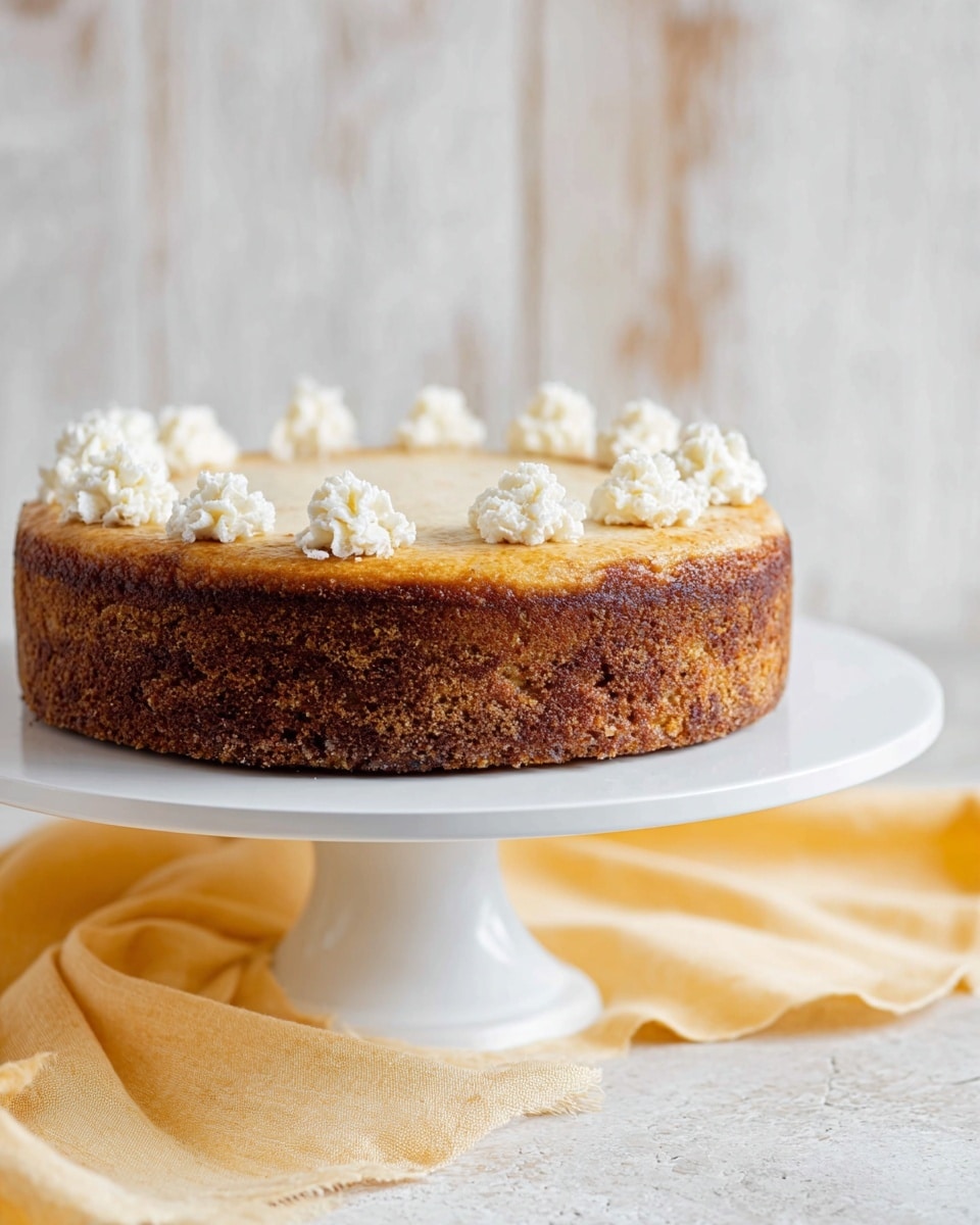 The image shows a round cake with two layers sitting on a white cake stand placed on a yellow cloth over a white marbled surface. The bottom layer is darker brown with a slightly rough texture, while the top layer is a lighter golden brown with a smooth, baked surface. The top of the cake is decorated with small, white dollops of frosting evenly spaced around the edge, giving a neat and delicate look. The background is blurred with a soft, rustic white wood texture. Photo taken with an iphone --ar 4:5 --v 7