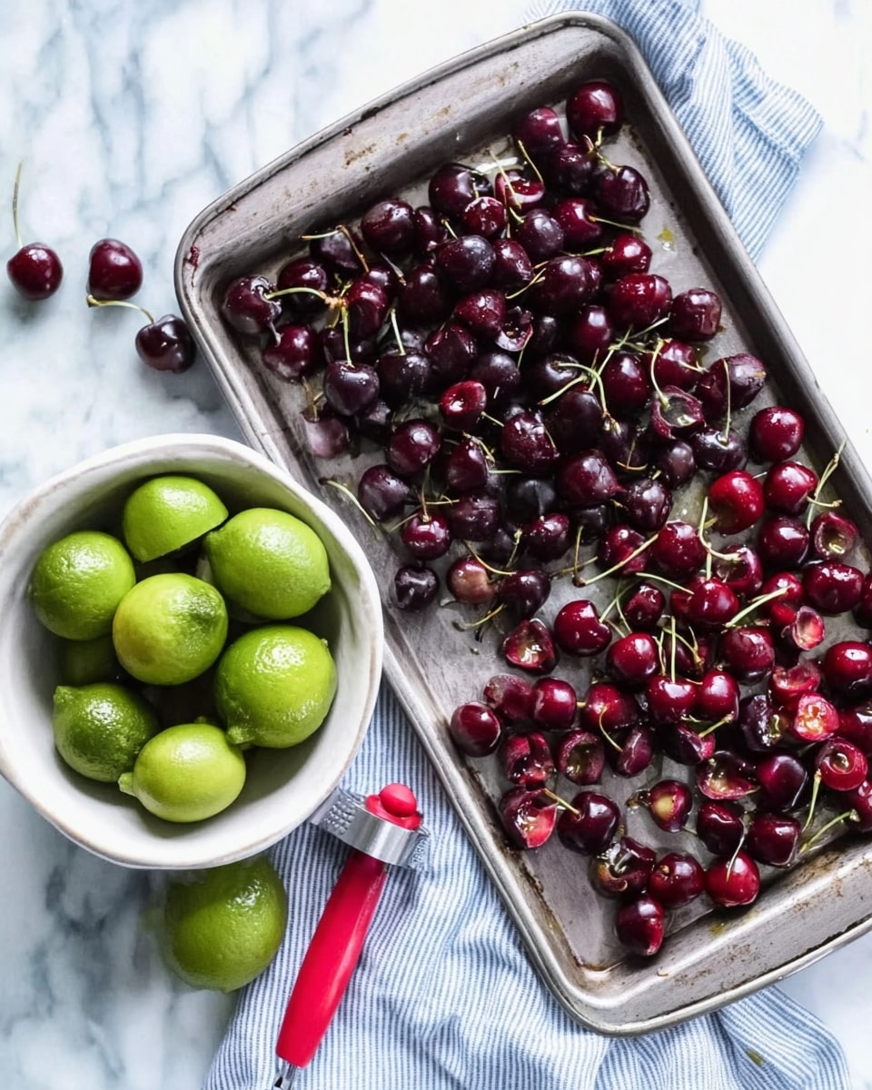 A metal tray holds two main parts: on the top left side, a pile of dark red cherries with smooth shiny skin, and on the bottom right side, many cherry pits with stems scattered around a red cherry pitter tool. Next to the tray on the left side, there is a bowl filled with bright green limes and another white bowl full of cherries with stems. The whole setup is placed on a white marbled surface with a light blue striped cloth partially under the tray. The scene looks fresh with deep red and green colors standing out vividly photo taken with an iphone --ar 4:5 --v 7