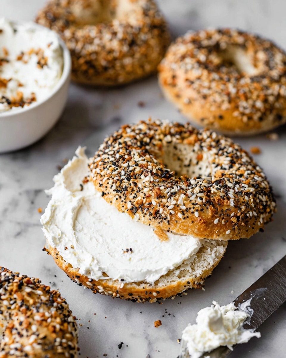 The image shows an everything bagel with a rough texture, golden-brown crust covered with sesame seeds, poppy seeds, and bits of dried onion and garlic. It is sliced in half, and the bottom half is spread thickly with smooth, white cream cheese. The bagel sits on a white marbled surface with a few more whole everything bagels in the background. There is also a white bowl filled with more of the seed mixture on the left side, and a small bit of cream cheese spread on the surface near a metal knife at the bottom right corner. Photo taken with an iphone --ar 4:5 --v 7