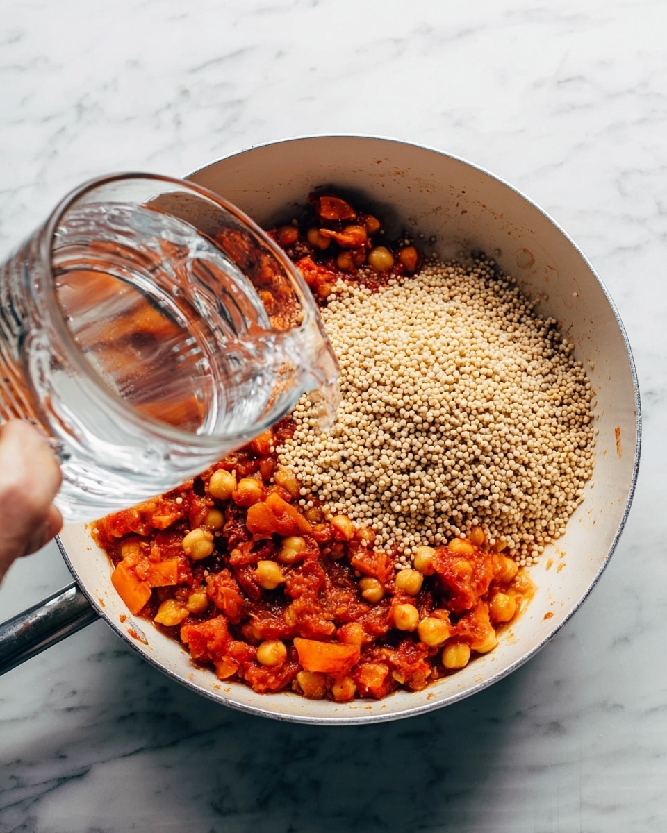 A white pan holds a dish with two layers: the bottom layer consists of chunky, reddish-orange cooked vegetables and chickpeas in a thick sauce, and the top layer is a heap of small, round, pale beige grains or pearls. A woman's hand is pouring clear water from a glass measuring cup into the pan. The pan and measuring cup sit on a white marbled surface. photo taken with an iphone --ar 4:5 --v 7