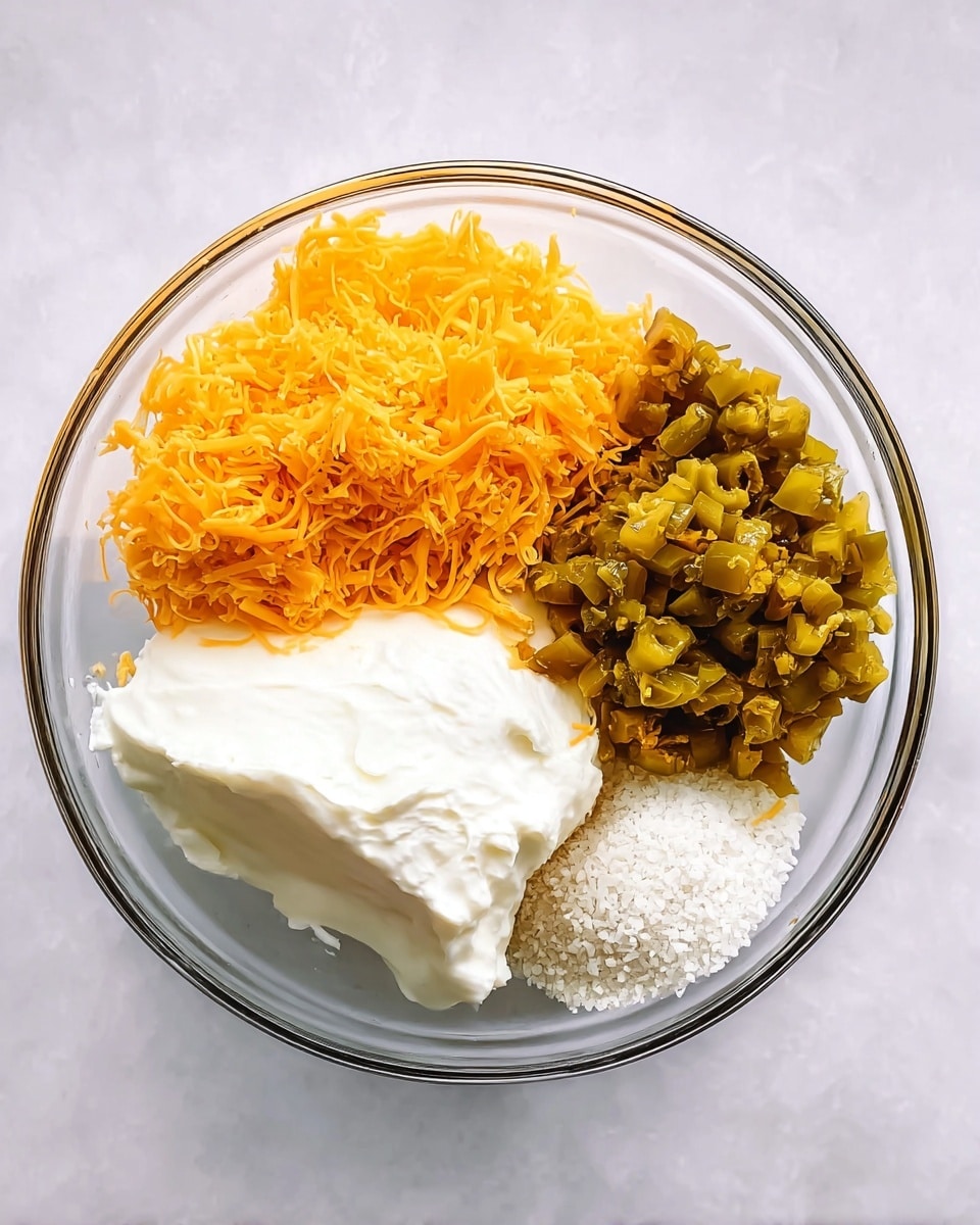 A clear glass bowl sits on a white marbled surface, holding four separate piles of ingredients ready to be mixed. On the left side is a mound of bright orange shredded cheddar cheese with a slightly rough texture. Next to it, at the top right, are chunky pieces of chopped green olives, showing a mix of green and olive shades with a bit of shine. Below the olives is a large dollop of white cream cheese with a smooth, creamy look. In the center bottom area, there is a small pile of white granulated sugar with a fine, grainy texture. The ingredients fill the bowl with clear space around them, each layer distinct from the others. photo taken with an iphone --ar 4:5 --v 7