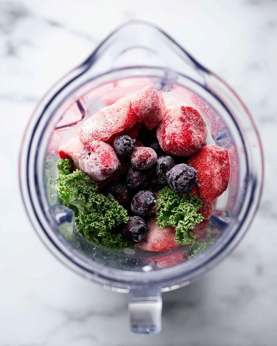 Inside a clear blender, there is a mix of frozen strawberries which are bright red with icy textures, dark purple blueberries covered with frost, and some green kale leaves with curly edges scattered among the fruits. The blender is placed on a white marbled surface that has soft grey lines. The image is taken from above, showing the colorful layers of fruit and kale inside the blender. Photo taken with an iphone --ar 4:5 --v 7