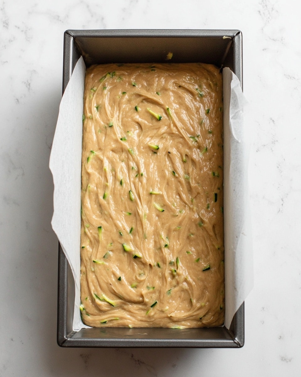A rectangular metal baking pan lined with white parchment paper holds a thick, tan batter with visible small green zucchini pieces evenly spread inside. The batter fills the pan almost to the top, with a textured, slightly wavy surface, showing swirls made when it was spread. The pan rests on a white marbled surface. photo taken with an iphone --ar 4:5 --v 7
