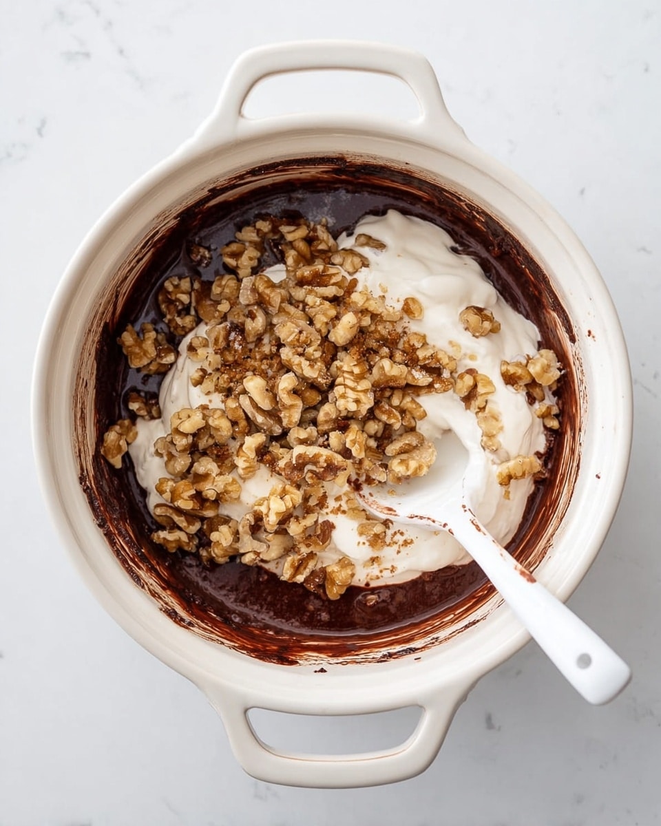 The image shows a white pot with two handles on a white marbled surface. Inside the pot, there is a dark brown thick chocolate mixture forming the bottom layer, with some chocolate smeared on the sides. On top of the chocolate layer, there is a dollop of white creamy substance in the middle. The top layer is covered by a generous amount of light brown walnut pieces scattered unevenly over the white cream. A white spoon with some chocolate marks on it rests inside the pot on the right side. photo taken with an iphone --ar 4:5 --v 7