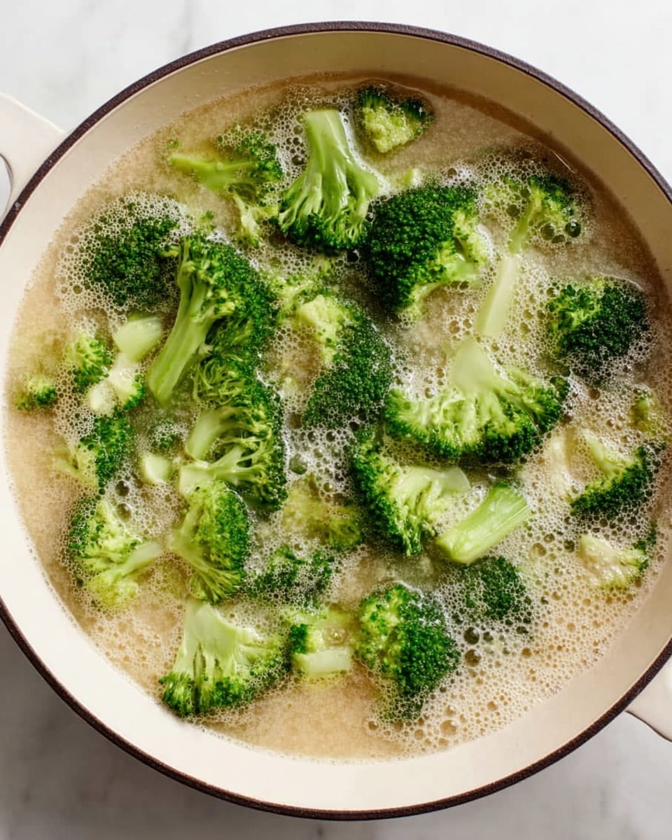 A white pan filled with light green broccoli pieces floating on top of a bubbling, light beige liquid broth. The broccoli is fresh with visible florets and stalks scattered unevenly in the broth. Tiny bubbles form foam around the broccoli, showing the soup is simmering. The pan has a dark rim and sits on a white marbled surface. photo taken with an iphone --ar 4:5 --v 7