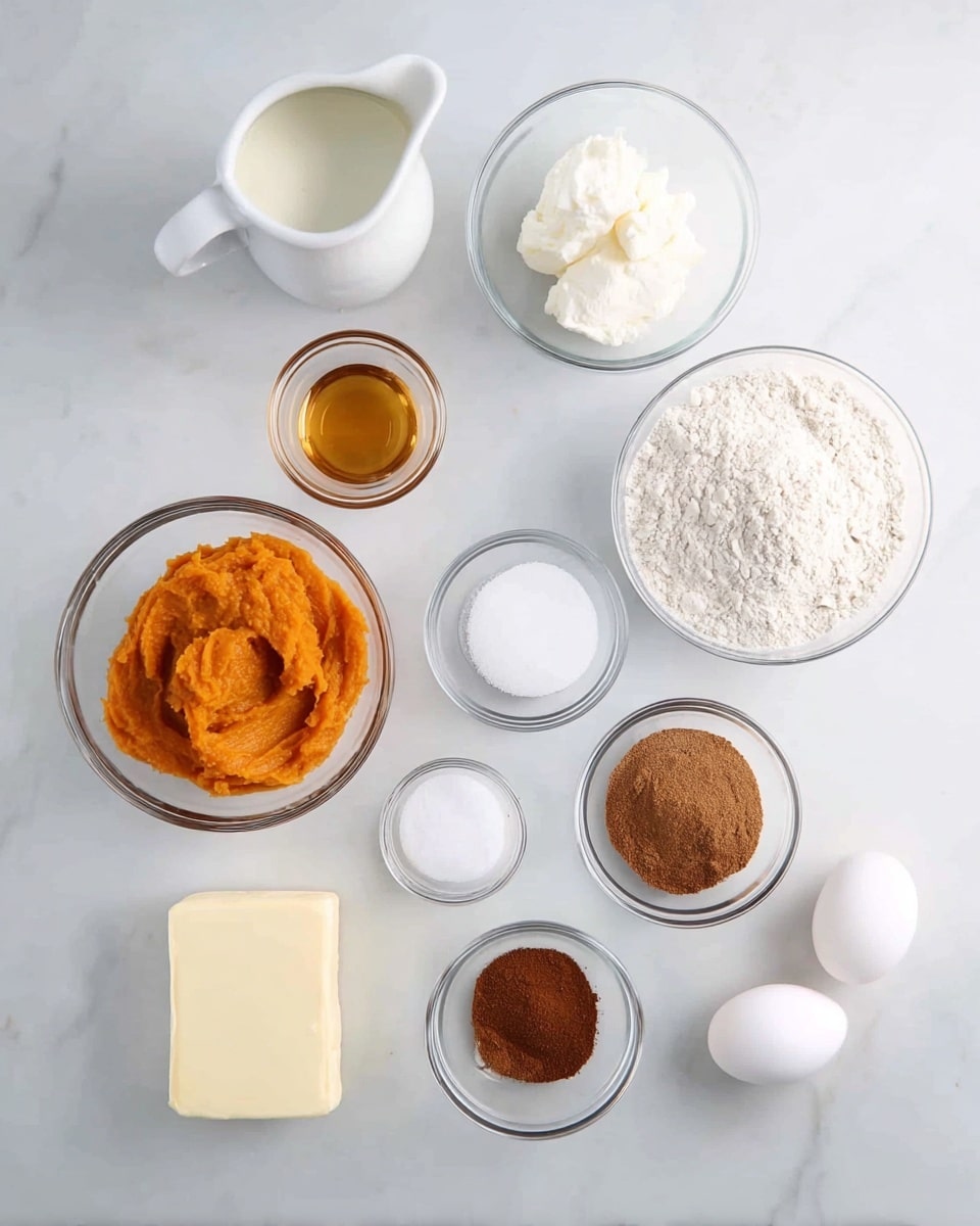 The image shows small clear glass bowls and two eggs arranged on a white marbled surface. In the center, there is a bowl with bright orange pumpkin puree with a smooth texture. To the left, a white pitcher holds creamy milk, and next to it is a small bowl with golden vanilla extract. At the bottom left, a block of pale yellow butter is placed. To the right of the pumpkin puree, there is a bowl of white flour with a powdery texture, and next to it, a bowl of granulated white sugar. Above the sugar, a smaller bowl contains white salt. At the bottom center, two bowls hold brown spices – one darker and more coarse, the other lighter and fine. Another small bowl contains white baking powder. Two white eggs rest side by side near the center. Everything is neatly spread on the clean white marbled background lighting the ingredients well. Photo taken with an iphone --ar 4:5 --v 7