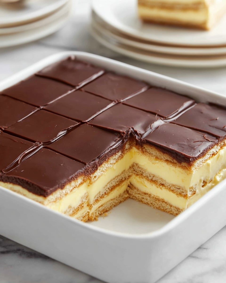 The image shows a layered dessert in a white rectangular dish with a piece removed to reveal its inside. There are three distinct layers of light beige biscuit or cake, alternating with two thick creamy yellow layers, and the top is covered with a smooth, shiny dark brown chocolate layer that is divided into six squares by shallow lines. The dessert sits on a white marbled surface with two blurred white plates holding stacked light beige layers in the background. Photo taken with an iphone --ar 4:5 --v 7