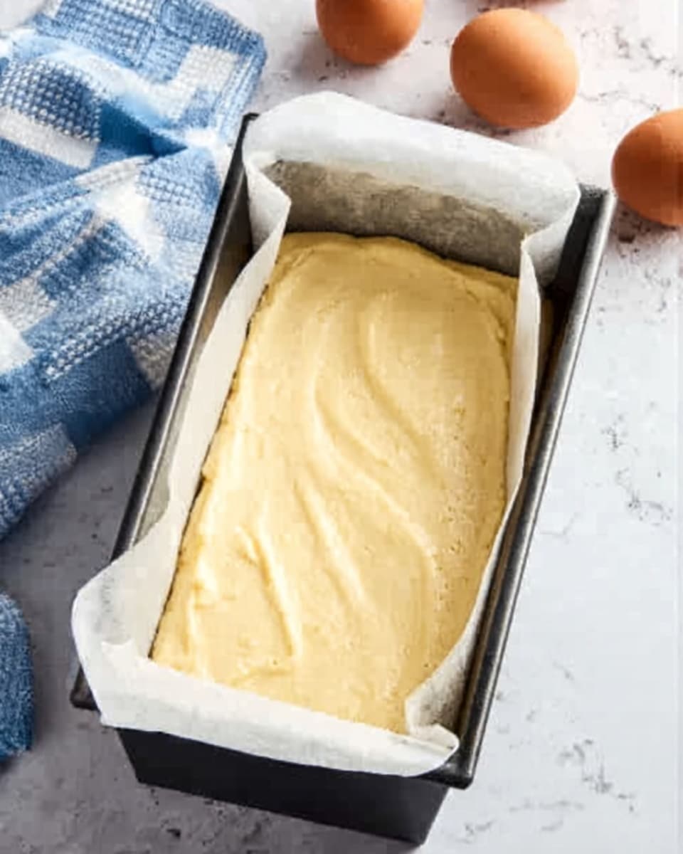 A close-up image shows a black rectangular loaf pan lined with white parchment paper, filled with smooth, pale yellow cake batter that is evenly spread out inside. The pan is placed on a white marbled surface next to three brown eggs on white parchment paper and a blue and white checkered cloth. The batter has a soft texture with gentle swirls and small air bubbles visible. Photo taken with an iphone --ar 4:5 --v 7