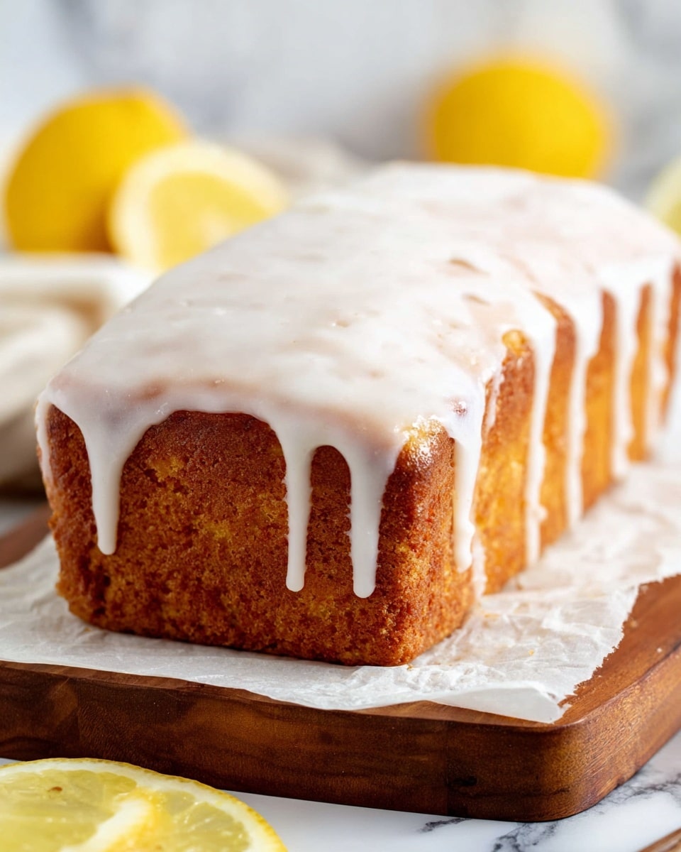 A rectangular loaf cake with a golden brown, slightly rough textured base sits on white parchment paper on top of a wooden surface. The cake is covered by a thick layer of shiny white icing that drips down the sides in uneven streams, contrasting the warm tone of the cake. In the blurred background, there are a few lemon wedges and a yellow lemon adding a pop of bright color against a white marbled surface. Photo taken with an iphone --ar 4:5 --v 7