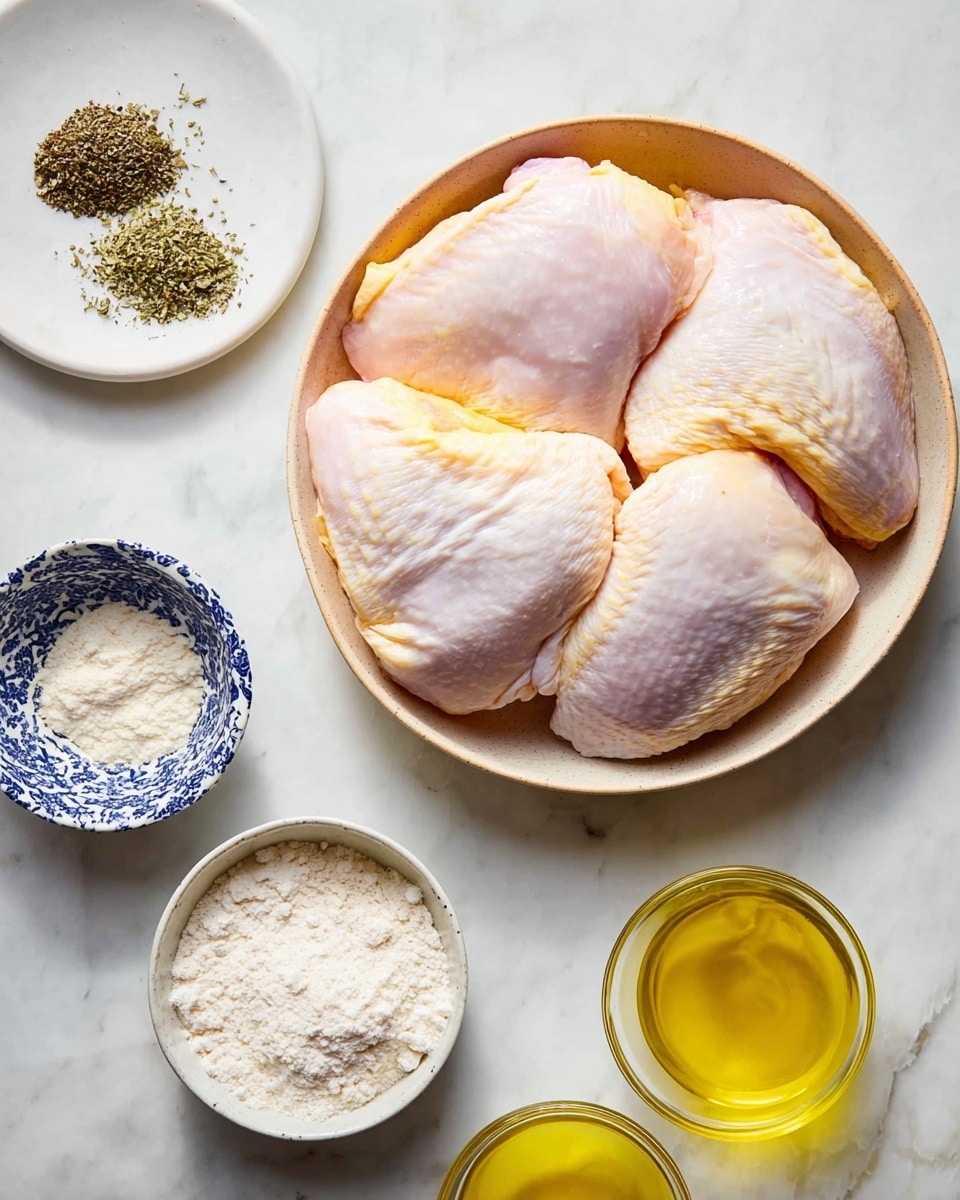 A beige round bowl on a white marbled surface holds four raw chicken pieces with pale pink and light yellow skin, arranged close together filling the bowl. Above the bowl to the left is a small white plate with coarse black pepper and dried oregano in two piles. To the right is a small white bowl with a blue and white leafy pattern, half-filled with beige powder, white granules, and white flour, each in separate small piles. Below this bowl is a small white cup filled with yellow oil. At the bottom right corner are two small clear glass bowls, one with bright yellow lemon zest and the other with light yellow lemon juice. All items are neatly placed and well lit. Photo taken with an iphone --ar 4:5 --v 7