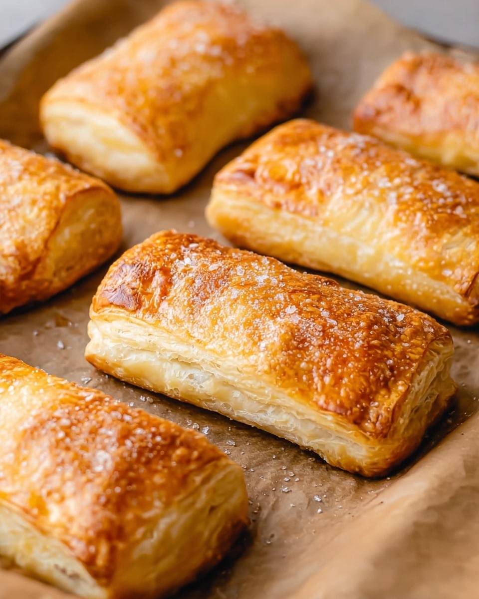The image shows six golden brown pastries on a brown baking paper that covers a baking tray. Each pastry is rectangular with a slightly rounded top, and the surface is shiny with a sprinkle of coarse sugar crystals that catch the light. The texture looks flaky and crisp, with visible layers of the pastry dough on the sides. The pastries are evenly spaced and arranged in two rows, with the closest row having three pastries centered in the frame. The background has a soft focus that emphasizes the texture and color of the pastries. photo taken with an iphone --ar 4:5 --v 7