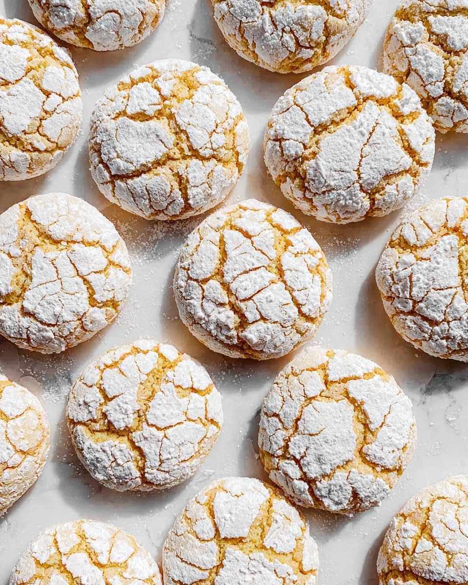The image shows several round cookies covered in white powdered sugar with a crackled pattern on top, revealing a light golden yellow dough underneath. Two cookies are stacked in the center, and one is split in half horizontally to show two smooth layers inside with a soft texture. The cookies are placed on a white marbled surface, giving a clean and bright look. Photo taken with an iphone --ar 4:5 --v 7