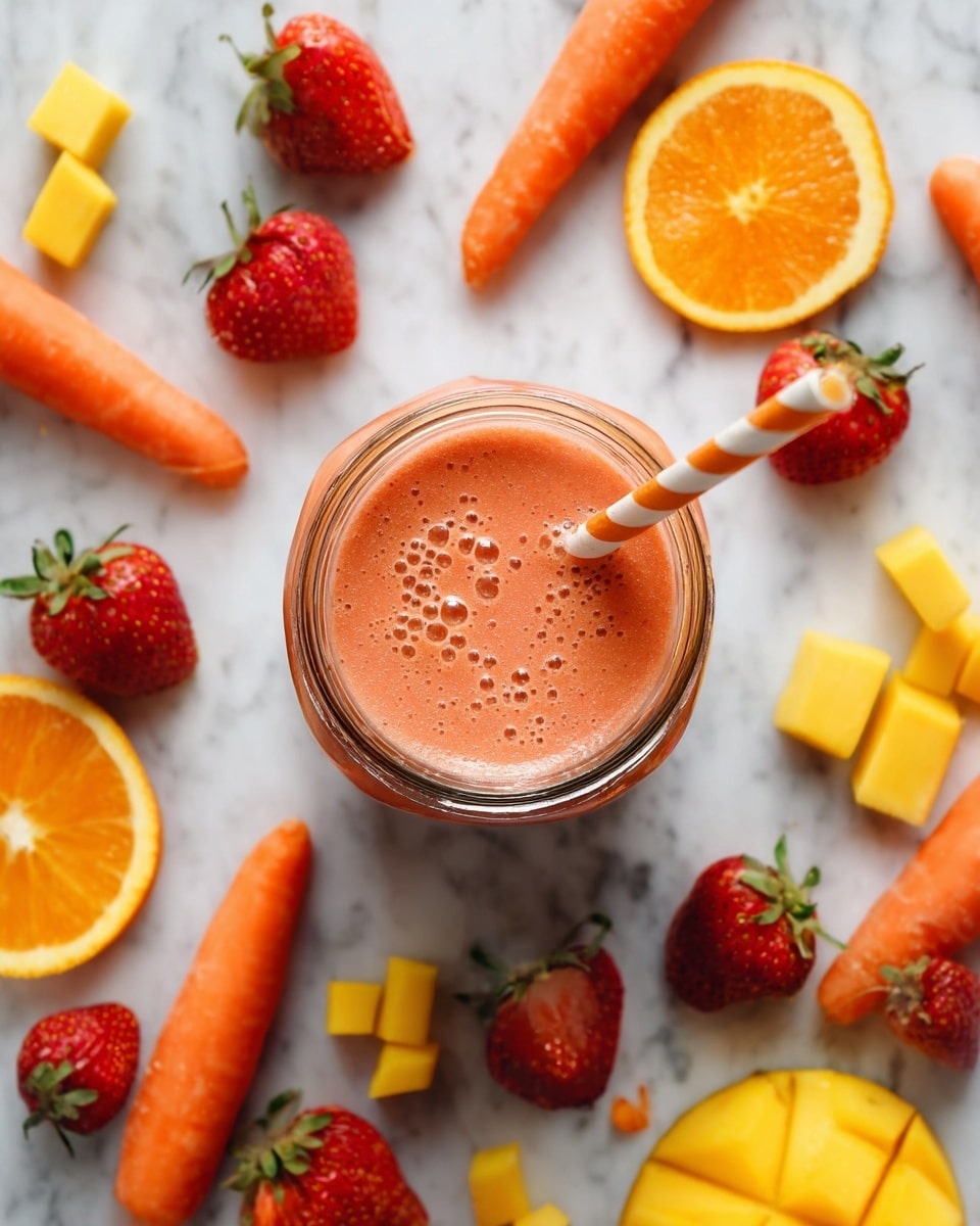 A clear glass jar filled with a pinkish-orange smoothie sitting in the center, with tiny bubbles on top and a white and orange striped straw inside. Around the jar, a mix of fruits is spread on a white marbled surface: bright orange slices, red strawberries whole and halved, small orange carrots, and diced mango pieces with a yellow color. The arrangement forms a loose circle around the jar, creating a colorful, fresh look. Photo taken with an iphone --ar 4:5 --v 7