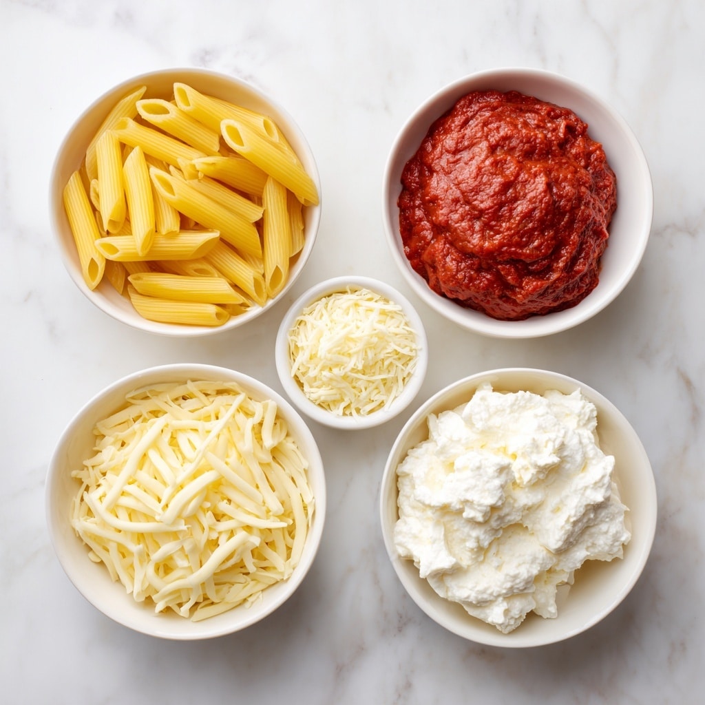 The image shows five white bowls on a white marbled surface, each holding different ingredients for a pasta dish. Starting from the top left, the first bowl is filled with uncooked yellow penne pasta, showing smooth, tubular shapes. To the right, a bowl contains thick, rich red tomato sauce with a slightly textured surface. Below the pasta, a small bowl holds finely grated white cheese, irregular and fluffy in texture. Next to this, another bowl contains shredded pale yellow mozzarella cheese, soft and stringy. Finally, at the bottom center, a bowl is filled with soft, white ricotta cheese, creamy and slightly lumpy in texture. photo taken with an iphone --ar 4:5 --v 7