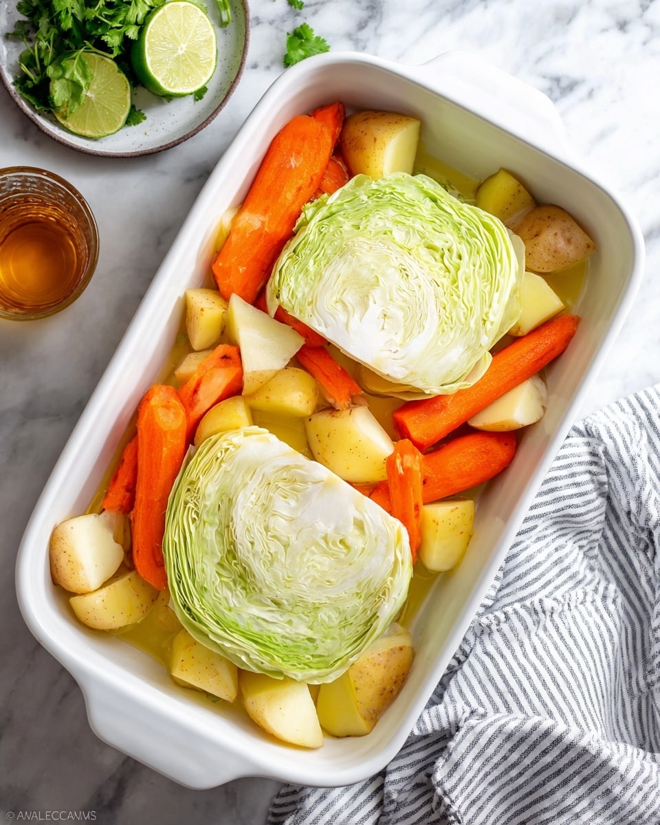 A white rectangular baking dish holds a simple arrangement of fresh vegetables ready for cooking. At the center are two large quarter wedges of pale green cabbage, showing their layered, textured leaves. Around the cabbage are bright orange carrot pieces placed on top and between the cabbage wedges, each piece thick with a slightly smooth surface. Surrounding the carrots and cabbage are small, pale yellow potato chunks, their skins giving a subtle rough texture. The baking dish is set on a white marbled surface with a striped cloth partially visible to the side, along with a small plate of lime slices and a glass of amber-colored liquid nearby. photo taken with an iphone --ar 4:5 --v 7