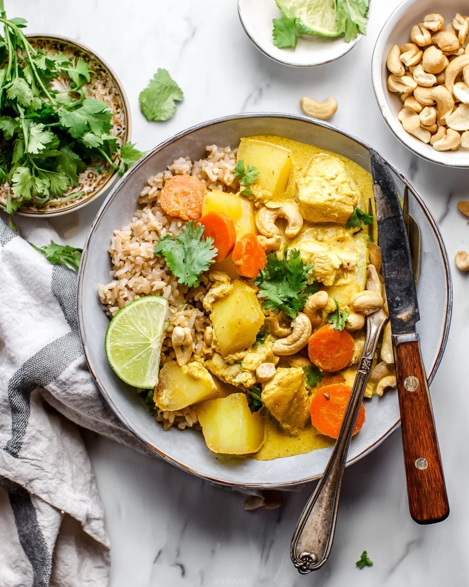 The image shows a bowl with three main layers: at the bottom, there is cooked brown rice; on top of the rice, there are pieces of yellow curry chicken, chunks of orange carrots, and yellow potato pieces; the dish is covered with creamy yellow curry sauce. Scattered on top are whole cashews and green cilantro leaves adding texture and color. There is a bright green lime wedge, partially resting on the food at the bowl’s edge. A wooden-handled knife and a fork are set inside the bowl on the right side. Around the bowl, there is a small white bowl with more cashews, another bowl with lime wedges, some cilantro sprigs, and part of a striped cloth napkin, all on a smooth white marbled surface. Photo taken with an iphone --ar 4:5 --v 7