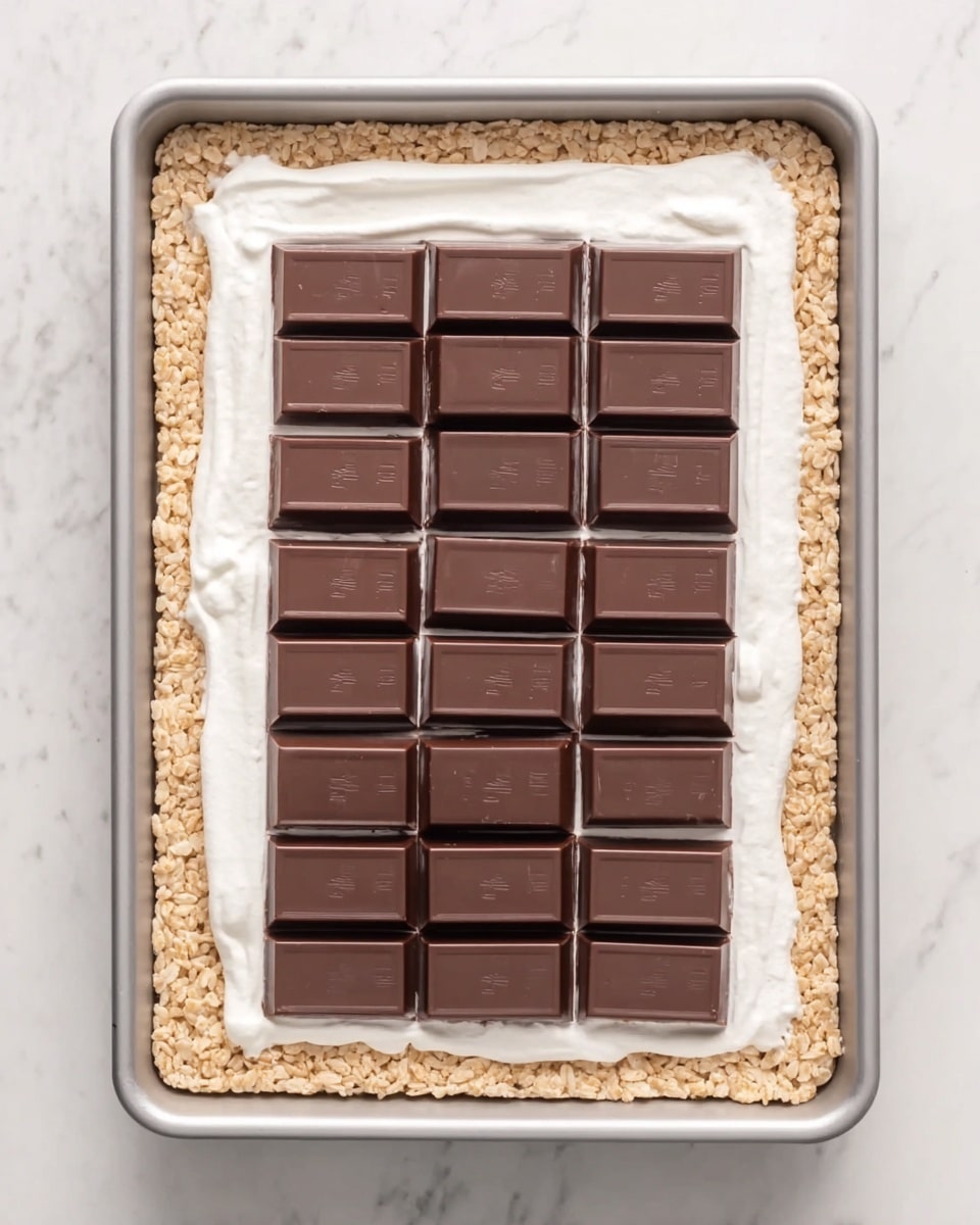 In a rectangular metal pan with a white marbled texture surface underneath, there is a three-layered treat. The bottom layer is made of a light tan crispy rice mixture pressed to the edges forming a thick border around the pan. Above it is a smooth, thick white marshmallow layer, evenly spread and flat. On top, there are four neat rows of dark brown chocolate bars, each row containing six rectangular pieces placed close but separated. The arrangement looks very clean and organized. Photo taken with an iphone --ar 4:5 --v 7