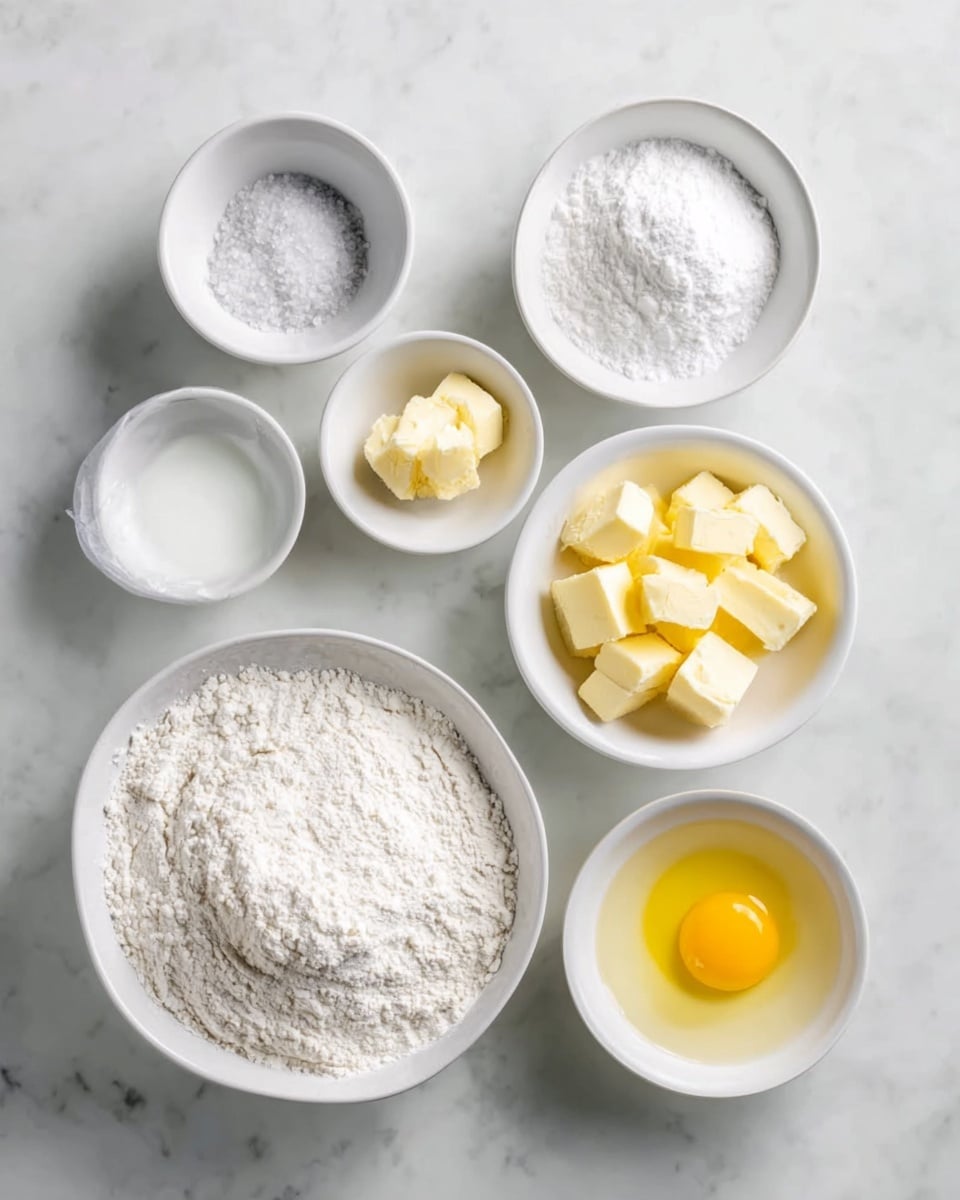 The image shows eight white bowls arranged on a white marbled surface, each containing different baking ingredients. Starting at the top left and moving clockwise, the first bowl has coarse salt, the second bowl holds a small white powder, likely baking soda, the third bowl is filled with a large amount of powdered sugar, the fourth bowl contains chunks of yellow butter, the fifth small bowl holds a clear liquid, possibly milk, the sixth bowl shows a bright yellow raw egg yolk with egg white, the seventh bowl contains a liquid ingredient, and the largest bowl at the bottom center is filled with white flour. The arrangement is neat and minimalistic, with clear separation between each bowl. photo taken with an iphone --ar 4:5 --v 7