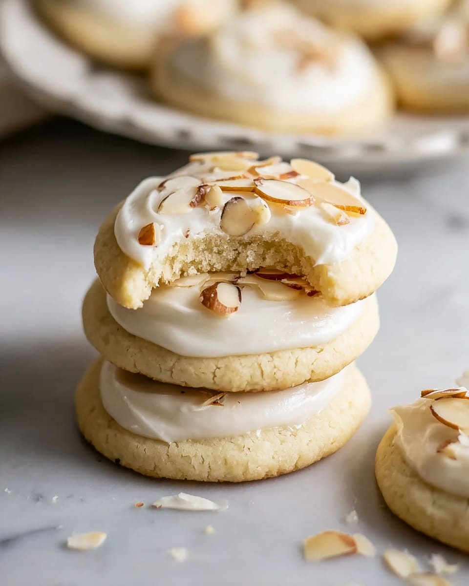 The image shows a small stack of three light beige cookies with a soft and slightly crumbly texture. Each cookie has a smooth, white frosting layer on top that is slightly thick and creamy. Thin, toasted almond slices are scattered on top of the frosting on the cookies. One cookie rests in front of the stack with a bite taken out of it, revealing the inside crumb and the frosting dotted with almond slices. The cookies sit on a white marbled surface, with a white plate in the blurred background holding more cookies. Photo taken with an iphone --ar 4:5 --v 7