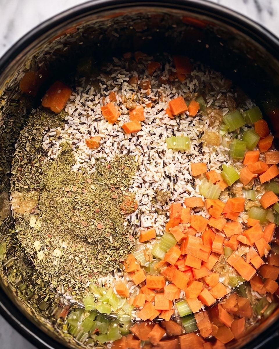 The image shows a close-up top view of a pot filled with layered ingredients for cooking. The bottom layer has small diced orange cubes, likely carrots, on the right side, and chopped light green pieces, possibly celery, on the left. Scattered over these are mixed wild and white rice grains, spread mainly in the center and edges. On the lower left side, there is a thick layer of fine dried herbs and spices, creating a dense texture in light brown and green tones. The pot has a dark interior with reflections, all set on a white marbled surface. Photo taken with an iphone --ar 4:5 --v 7