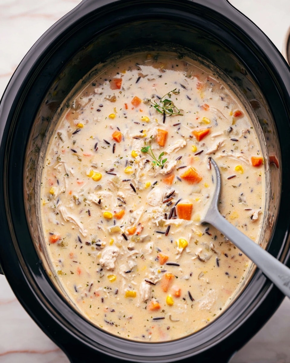 A thick creamy soup with visible small pieces of shredded chicken, orange carrot cubes, yellow corn kernels, and small bits of green herbs mixed throughout, all sitting in a large black slow cooker with a gray spoon partially submerged on the right side. The soup has a pale off-white base with flecks of black wild rice and herbs, showing a rich, slightly chunky texture. The slow cooker is placed on a white marbled surface. photo taken with an iphone --ar 4:5 --v 7
