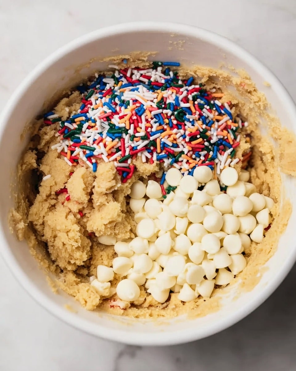 Inside a white bowl, there is a thick, beige cookie dough forming the base layer with a firm, slightly crumbly texture. On top of the dough, two distinct toppings sit side by side: on the left, a heap of colorful long sprinkles in shades of red, blue, green, yellow, white, and orange, adding a bright, playful look; on the right, a pile of smooth white chocolate chips with a shiny, rounded shape. The ingredients have not been mixed yet and show a clear separation. The bowl rests on a white marbled surface. Photo taken with an iphone --ar 4:5 --v 7