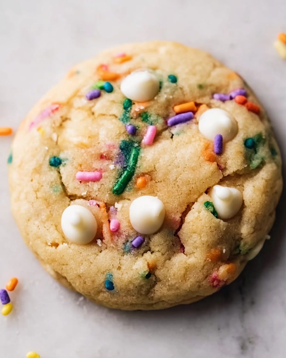 A close-up image of a single cookie showing a soft, thick texture with a light golden brown color. The cookie surface is studded with white chocolate chips that are slightly melted and scattered sprinkles in bright colors including orange, green, purple, pink, yellow, and blue. The cookie rests on a white marbled surface that adds subtle texture to the background. The cookie looks fresh and soft, with some cracks and small rounded bumps on the top. photo taken with an iphone --ar 4:5 --v 7