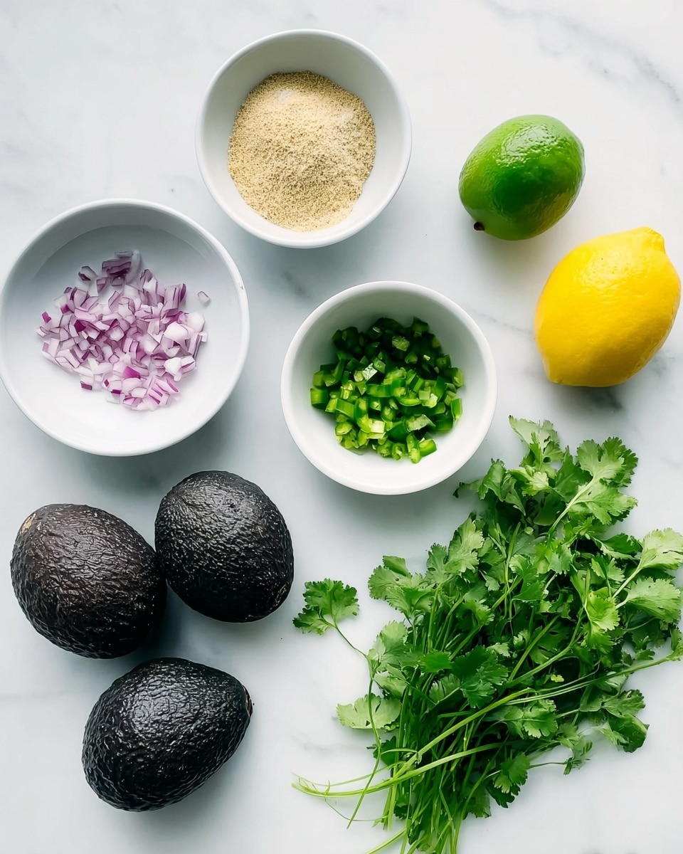 The image shows several fresh ingredients laid out on a white marbled surface. There are two whole dark green avocados with rough skin placed near the bottom left. Above them, there are three white bowls: the left bowl holds a beige powder, the top bowl contains finely chopped red onions, and the right bowl has small chopped green jalapeños. To the right of the bowls, a whole lime and a whole yellow lemon are positioned side by side. A bunch of fresh bright green cilantro with leafy stems is arranged on the lower right side. The setting appears clean and bright, with natural lighting. Photo taken with an iphone --ar 4:5 --v 7