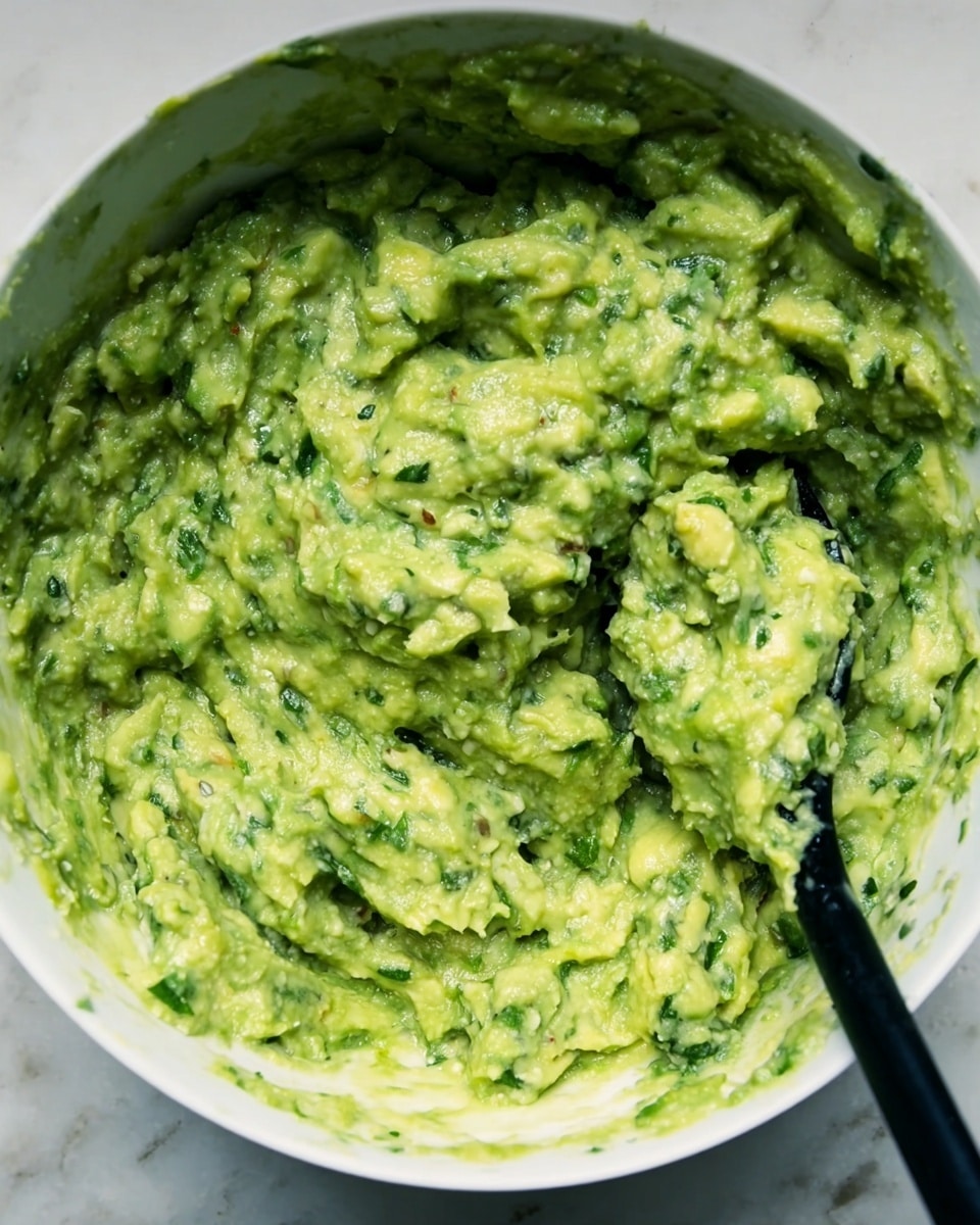 A close-up image of a bowl filled with chunky green guacamole that shows a mix of mashed avocado and small green herb pieces spread evenly, creating a thick, creamy texture with some darker specks throughout. A black spoon rests in the bowl on the right side, partially mixed into the guacamole, with the scoop holding some of the mixture. The bowl is white and set on a white marbled surface, adding a clean, fresh feel to the scene. Photo taken with an iphone --ar 4:5 --v 7